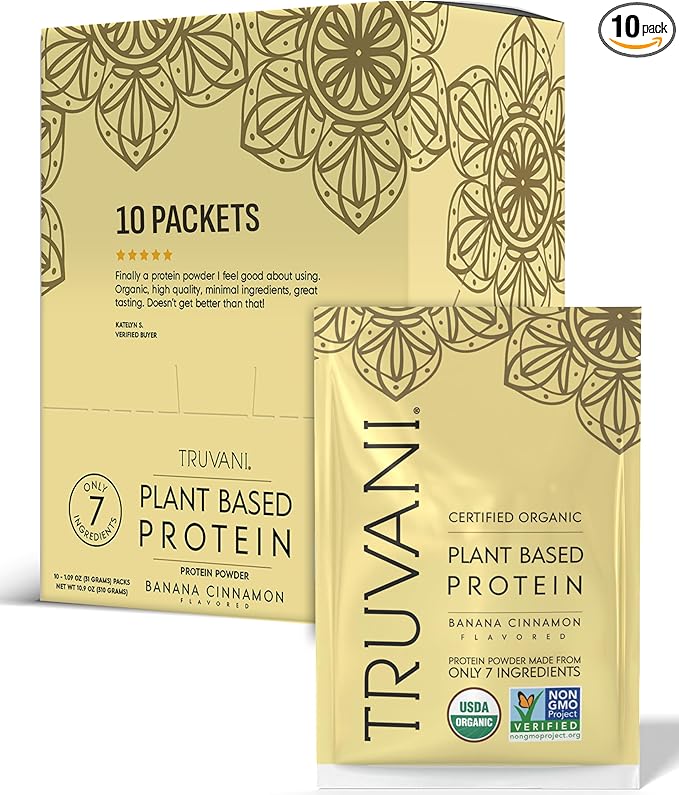 Truvani Vegan Pea Protein Powder | Banana Cinnamon | 20g Organic Plant Based Protein | Single Serving Travel Packets | 10 Servings | Keto | Gluten &amp Dairy Free | Low Carb | No Added Sugar