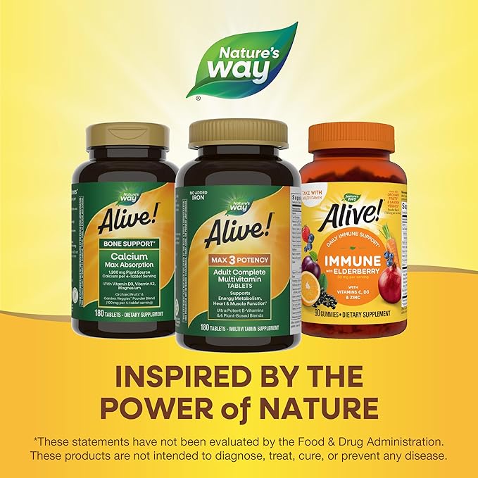 Nature's Way Alive! Max3 Potency Adult Complete Multivitamin High Potency B-Vitamins to Support Cellular Energy Metabolism* Multivitamin with Methylated B12 &amp Folate No Added Iron 180 Tablets