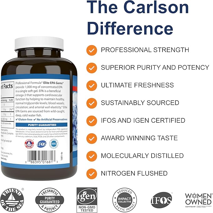Carlson - Elite EPA Gems 1000 mg EPA Fish Oil Wild-Caught Norwegian Fish Oil Sustainably Sourced Helps Maintain Healthy Triglyceride Levels 120 Softgels