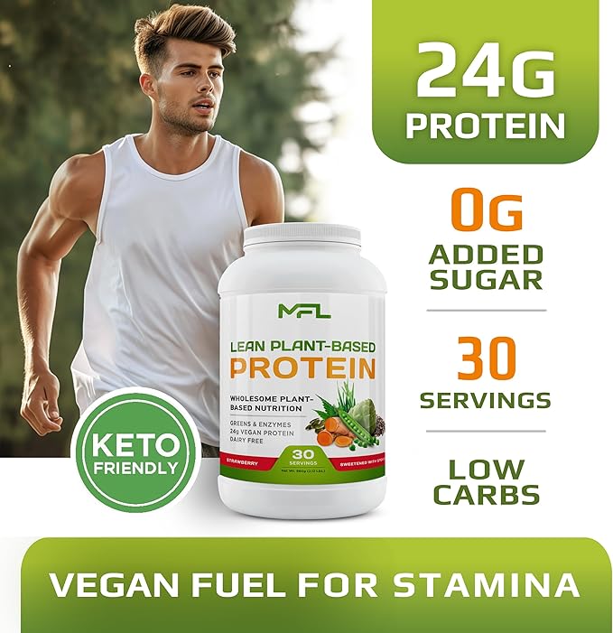 MFL Vegan Plant-Based Protein Powder l Gluten Free l Non Dairy l Non GMO l Lactose Free l Keto-Friendly | 2.12 lbs (Strawberry)