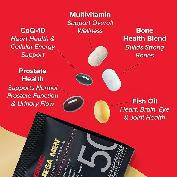 GNC Mega Men 50+ Vitapak 5-in-1 Multivitamin Pack Energy Production Men's Health 30 Servings