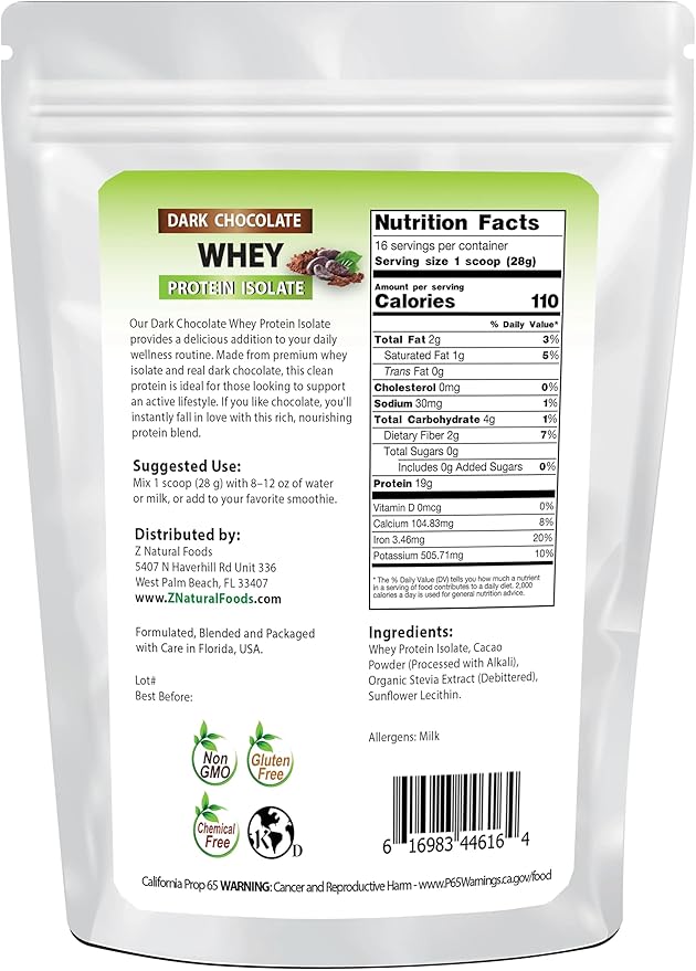 Whey Protein Isolate - Dark Chocolate Flavor with Zero Sugar - Delicious All Natural Protein Powder - Mix in Smoothie Shake Juice Or Recipe - Hormone Free Non GMO &amp Gluten Free - 1 lb