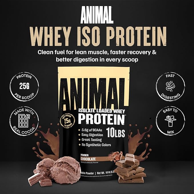 Animal Whey Isolate Protein Powder - Loaded for Pre &amp Post Workout Muscle Builder and Recovery with Digestive Enzymes for Men &amp Women - 25g Protein Great Taste Low Sugar - Chocolate 10 lbs