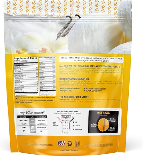 About Time Whey Protein Isolate Powder 25g Vanilla Natural Ingredients Non-GMO Gluten-Free Lactose-Free Zero Sugar Low Carb 32 Servings