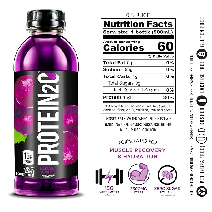Protein2o 15g Whey Protein Isolate Infused Water Ready To Drink Sugar Free Gluten Free Lactose Free Harvest Grape 16.9 oz Bottle (Pack of 12)