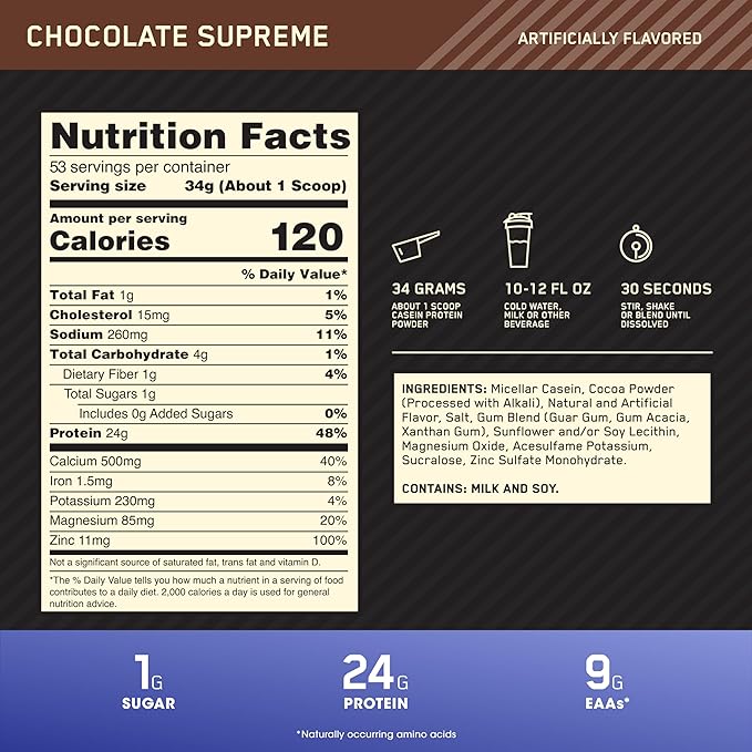 Optimum Nutrition Gold Standard 100% Micellar Casein Protein Powder Slow Digesting Helps Keep You Full Overnight Muscle Recovery Chocolate Supreme 4 Pound (Packaging May Vary)