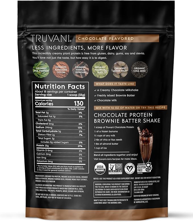 Truvani Vegan Protein Powder | Chocolate | 20g Organic Plant Based Pea Protein | 18 Servings | Keto | Gluten &amp Dairy Free | Low Carb | No Added Sugar (Pack of 2)