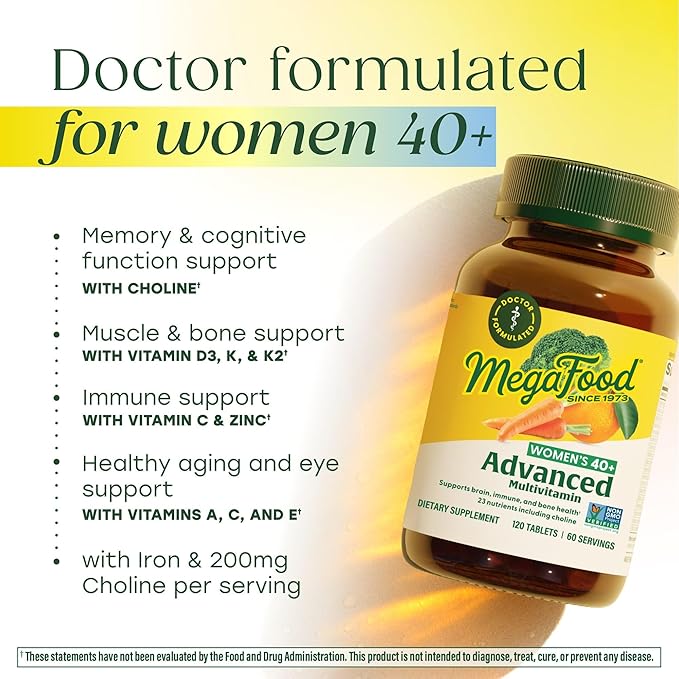 MegaFood Women's 40+ Advanced Multivitamin for Women - Dr Formulated - Vitamin B Vitamin D3 Vitamin K2 &amp Choline - Energy Metabolism Brain Health &amp Bone Health - Vegetarian - 120 Tabs (60 s