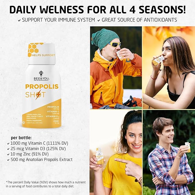 Bee and You Propolis Shot 12 Bottles and Bee Pollen Bundle Natural Supplement Bee Propolis Antioxidants Proteins Vitamins Amino Acids for Adults Women Me
