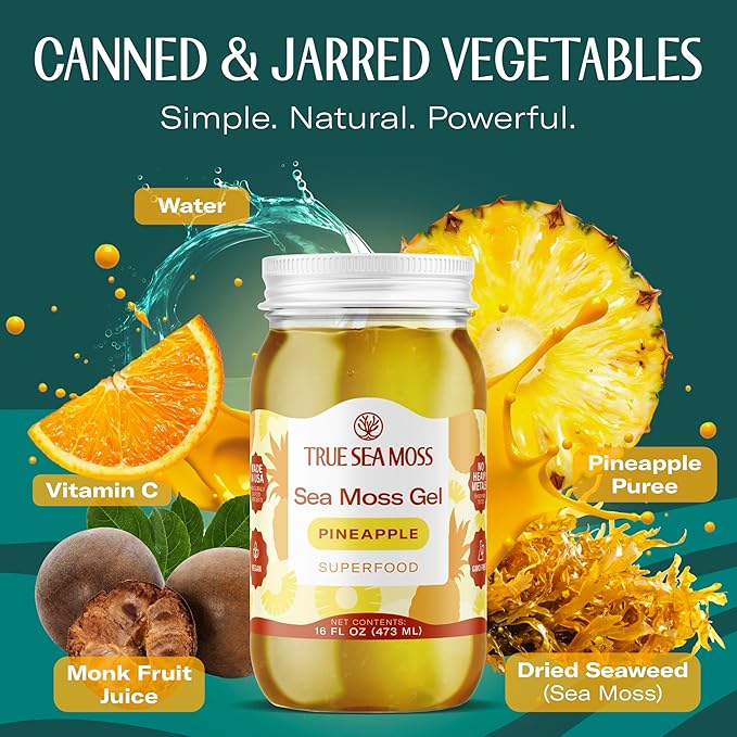 TrueSeaMoss Sea Moss Gel – Made in USA – Wildcrafted Seamoss Fruits &amp Jarred Vegetables – Pineapple Pack of 2 (Labels may Vary)