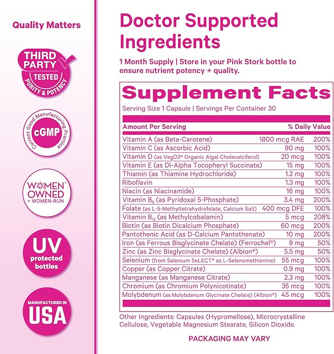 Pink Stork Total Women's Multivitamin - 19 Essential Vitamins for Women &amp Nutrients – Energy Metabolism Hormone Immune &amp Mood Support – B6 B12 Biotin Iron &amp Zinc – 30 Capsules