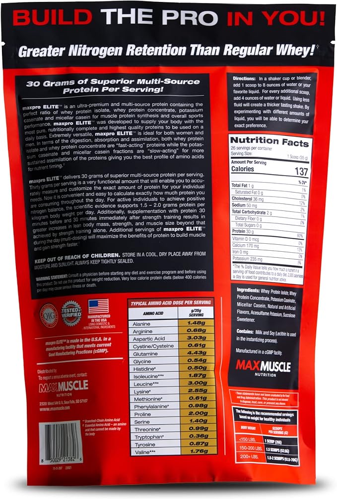 Max Muscle Maxpro Elite Whey Protein Powder | 30g Protein | 0g Sugar | 6.6g BCAAs | Micellar Casein Cold Filtered Whey Isolate Protein | Promotes Muscle Growth &amp Recovery (Strawberry Banana 2lb)