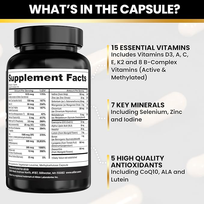 Eliixr Methylated Multivitamin 3 Month Supply 90 Capsules1500 mcg of Active Folate Methylated B12 Vitamin A C K2 D3 E Choline Biotin ALA CoQ10 B-Complex and More. Made in The USA