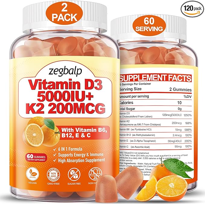2Packs Vitamin D3 K2 Gummies for Adults Sugar-Free Vitamin D3 5000IU + K2(MK-7) 200mcg Supplement with Vitamin B Complex &amp Vitamin C E Supports Bone Muscle Teeth &amp Immune Vegan Gluten Fre