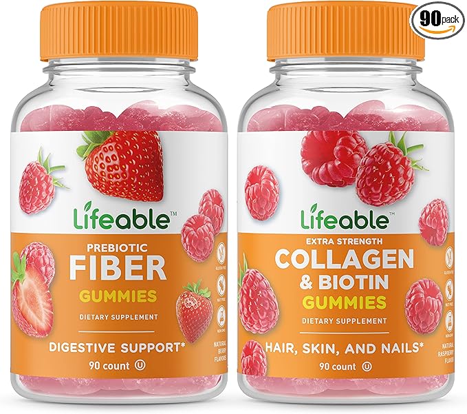 Lifeable Prebiotic Fiber 5g + Collagen &amp Biotin Gummies Bundle - Great Tasting Vitamin Supplement Gluten Free GMO Free Chewable Gummy