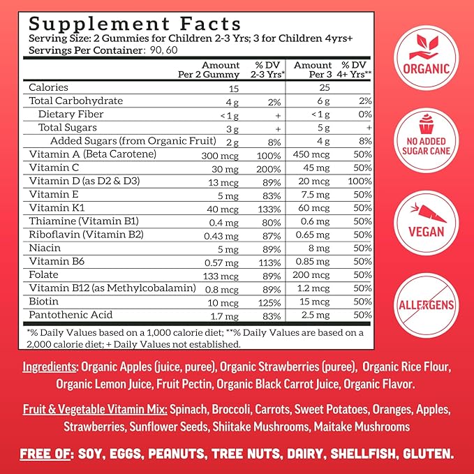 Llama Naturals Kids Multivitamin Gummies | Real Fruit No Added Sugar Cane | Organic Vegan Toddler Whole Food Vitamins | Vitamin D C &amp Beta Carotene Gummy Supplement | Strawberry 180 Ct (2-3 Mont