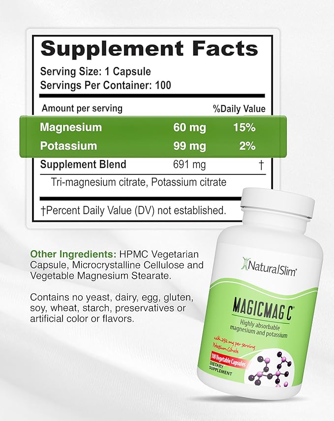 MagicMag C by NaturalSlim Magnesium Citrate Capsules for Muscle Relaxation Sleep Quality Nerve Function &amp Electrolyte Support Daily Magnesium Supplement for Men and Women 100 Capsules