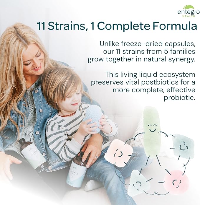 ENTEGRO Flourish Original Liquid Probiotic &amp Postbiotic Supplement - Plastic | 11 Live Cultures | Gut &amp Digestive Health for Women Men Kids | Organic Vegan Allergen Free | USA Made | 16 fl