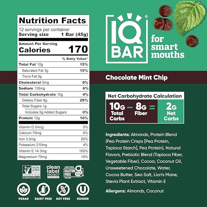 IQBAR Clean Plant Protein Bars - Chocolate Mint Chip - 12 Count - Keto Vegan High Fiber Gluten and Dairy Free Low Sugar Snack - Brain and Body Nutrients for Focus Energy Meal Replacement