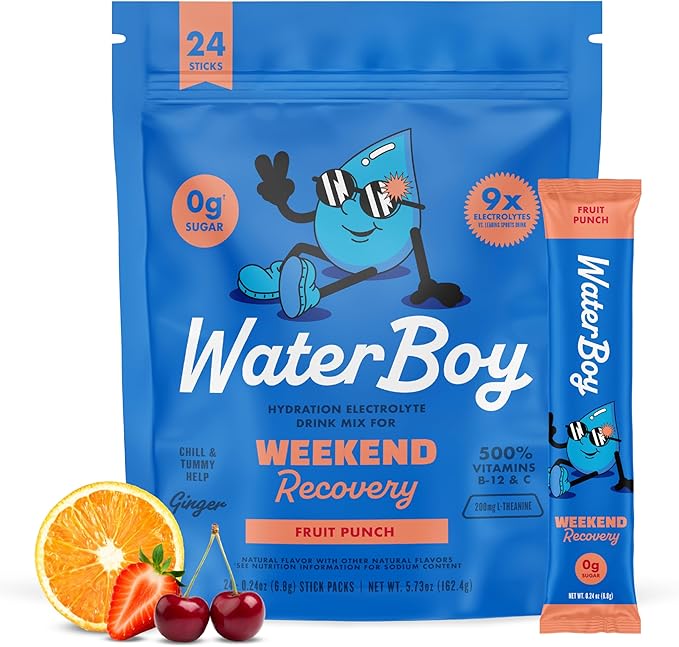 Waterboy Weekend Recovery | 3200mg Electrolyte Powder Packets | Ginger + L-Theanine + Vitamins | No Sugar All Natural Gluten Free | 24 Drink Stick Mixes (Fruit Punch)