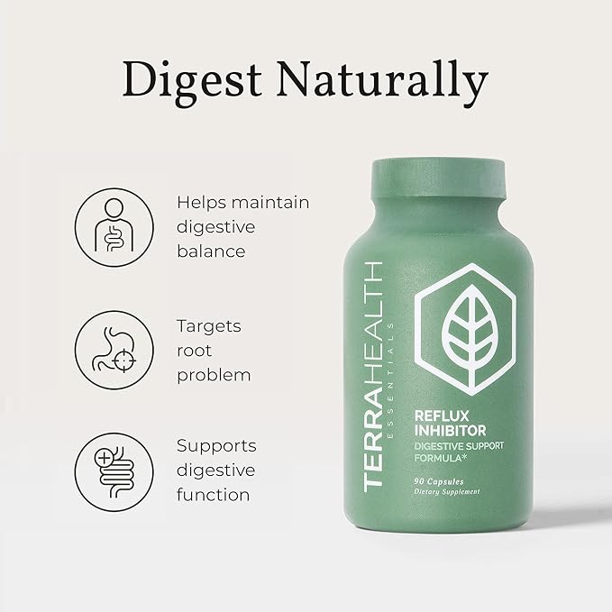 Terra Health Essentials Reflux Inhibitor - Digestive Supplement for Stomach Comfort Acid Balance &amp Nutrient Absorption - Betaine HCL with Pepsin - 30-Day Supply 90 Capsules