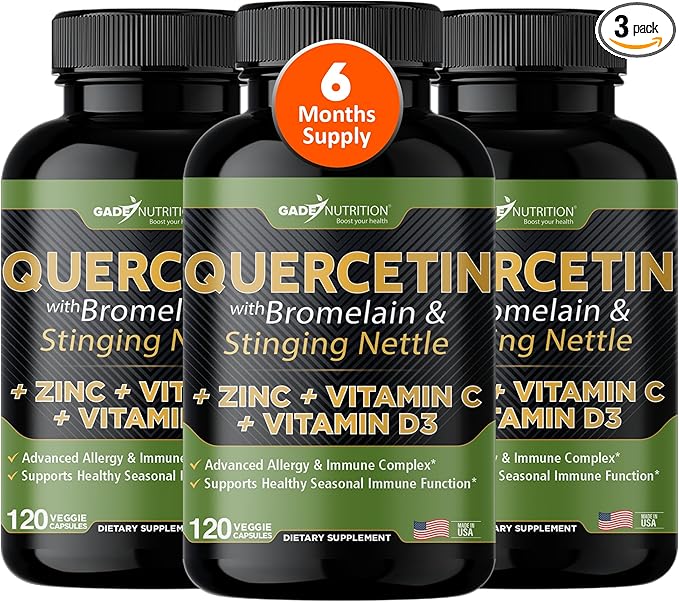 Gade Nutrition Quercetin with Vitamin C Zinc &amp Stinging Nettle - Nettle Quercetin - Quercetin 500mg - Quercetin with Bromelain - Zinc Quercetin + Vitamin D3-360 Veggie Caps - 6 Month Supply