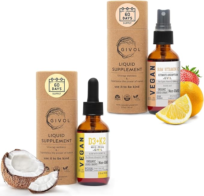 Vitamin D3+K2 Liquid Drops (MK4 &amp MK7) Organic Fractionated Coconut Oil and Vitamin C Extra Strength Spray Mist: Daily Absorption Liquid Extract Essential Protein Support Optimizes Wellness Bene