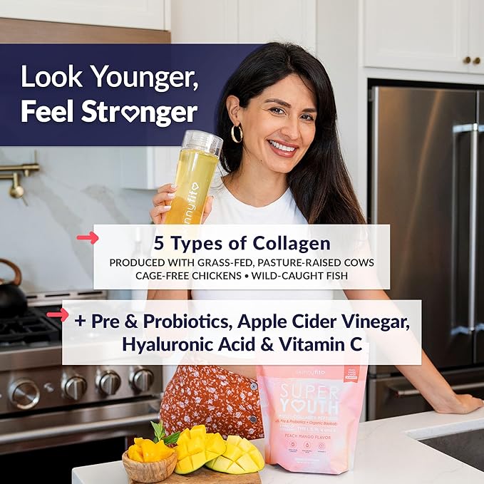 SkinnyFit - Super Youth Collagen for Women - Multi Collagen Peptides Powder - Probiotics Fiber Hyaluronic Acid - Non GMO Gluten Free Sugar Free - Beauty &amp Self Care - Peach Mango (28 Servings)