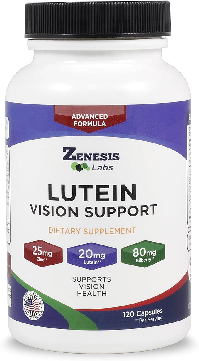 Zenesis Labs Lutein Vision Support - Essential Eye Vitamin - with Bilberry Beta-Carotene Zinc Grapeseed &amp Other Minerals - 120 Capsules - 60 Day Supply