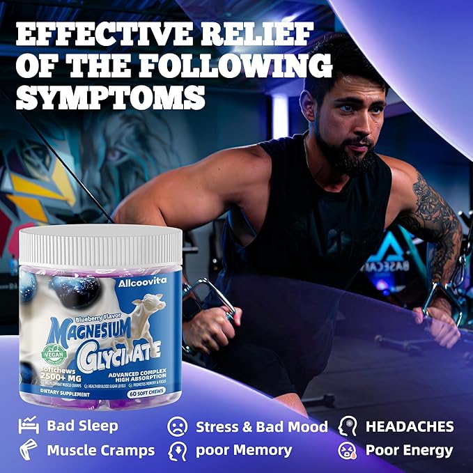 Magnesium Glycinate Soft Chews Blueberry Flavor.Chewable Sugar Free Potassium Magnesium Chews with Magnesium Glycinate Vitamin D B6 and CoQ10 for Calm Support &amp Sleep for Adults 60 Days Suppl