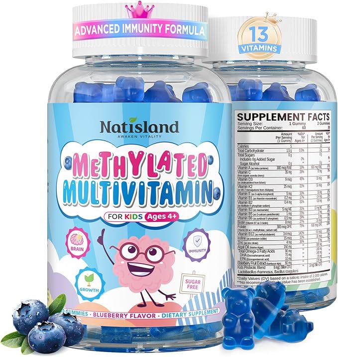 Kids Methylated Multivitamin - MTHFR Multivitamin for Kids &amp Teens 4+ L Methylfolate &amp B12 13 Vitamins Vegan Omega-3 Zinc Probiotics &amp Elderberry Immune Support Brain Health Sugar-