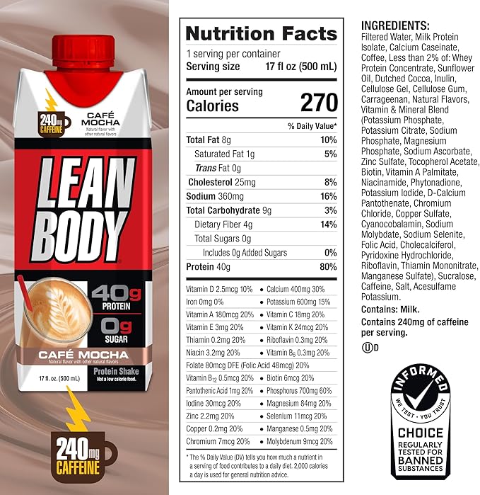 Lean Body Ready-to-Drink Café Mocha Protein Shake 240mg Caffeine 40g Protein Whey Blend 0 Sugar Gluten Free 22 Vitamins &amp Minerals (Recyclable Carton &amp Lid - Pack of 12) LABRADA