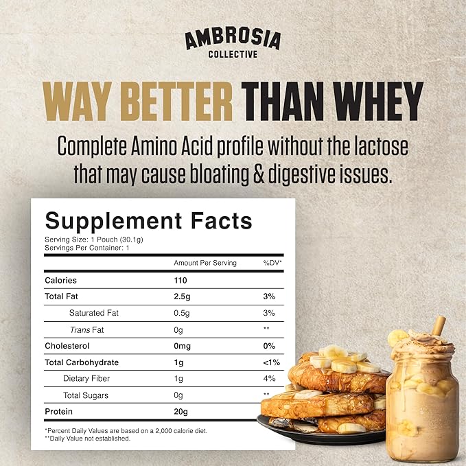 Ambrosia Plant Protein Powder 20g | Vegan Pea Protein Powder with BCAA Amino Acids | Dairy Free Keto-Friendly No Added Sugar | 25 Servings | Banana Maple