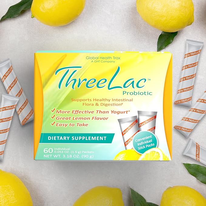 Global Health Trax ThreeLac Lemon Probiotic Drink Mix for Digestive Health - Advanced Probiotic Powder Formula for Men Women and Kids - Immune Support &amp Gut Balance Non-GMO - 180 Packets