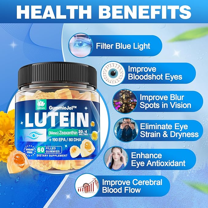 2 Pack Sugar Free Lutein 20mg 40mg and Zeaxanthin Gummies for Eyes with EPA 190mg &amp DHA 80mg Eye Vitamins Filled Gummies Plus Bilberry Goji Berry &amp Saffron Eye Health Supplements for Adults