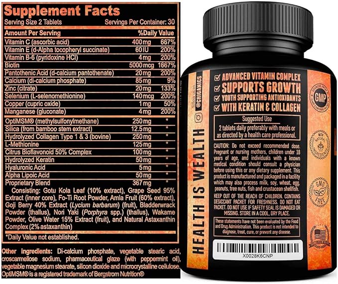 10X Potent Hair Skin and Nail Growth Vitamins Infused with Keratin + Collagen + Silica for Vibrant Hair- Extra Strength Biotin 5000mcg