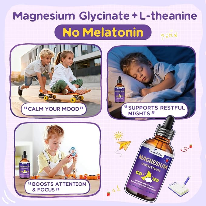 Kids Magnesium Liquid Drops Magnesium Glycinate Liquid for Children's Supplement with Vitamin D3 K2 B12 &amp B6 Omega 3L-theanineLemon Balm-for SleepRelaxationCalmFocus Strawberry Flavor