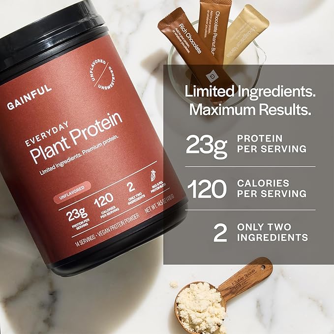 Gainful Everyday Plant Protein Powder &amp Neapolitan Flavor Bundle 23g Plant Protein Supports Strength Recovery and Balanced Nutrition Vegan Gut Friendly 14 Servings + 14 Flavor Sticks