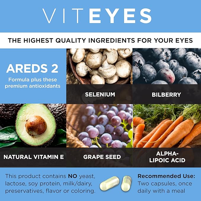 Viteyes AREDS 2 Advanced Eye Vitamins Macular Support with Bilberry grapeseed FLORAGLO Lutein Selenium Natural Vitamin E Allergen Free Vision Protection Eye Doctor Trusted 180 Count