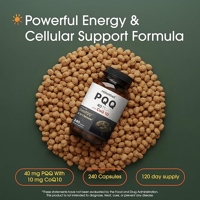 NatureBell PQQ with CoQ10-240 Capsules - 40mg Active PQQ with 10mg Coenzyme Q10 - Cellular Energy &amp Cognitive Function Support - Antioxidant Nutrients for Heart &amp Brain Health*