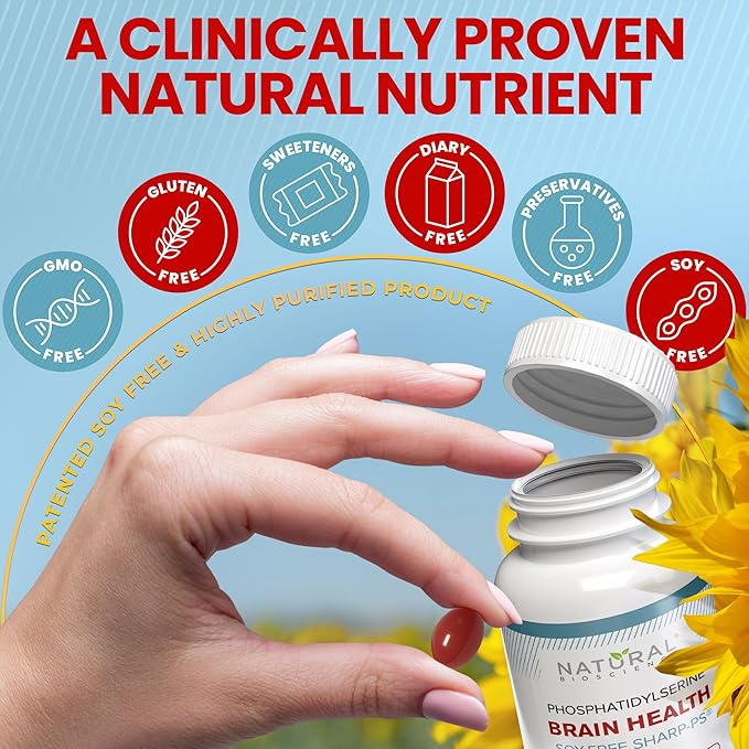 Soy Free Phosphatidylserine 100mg Softgel - PS Supplement Boosts Memory Focus Problem Solving Cortisol Control. Natural Sunflower Lecithin Patented Sharp PS-Green. Non-GMO 60 Softgels