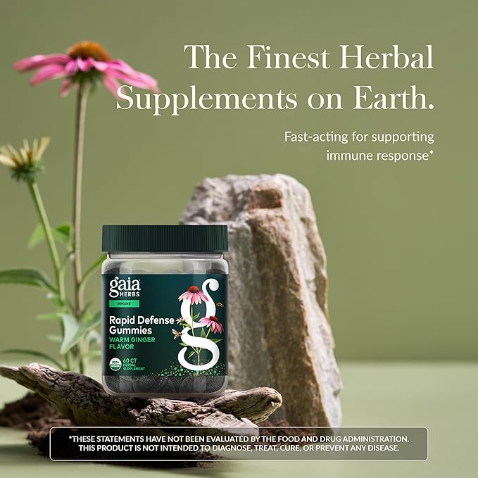 Gaia Herbs Rapid Defense Gummies - Supports Immune Health* - with Propolis Ginger &amp Echinacea - USDA Organic - 60 Vegetarian Gummies (30 Servings)