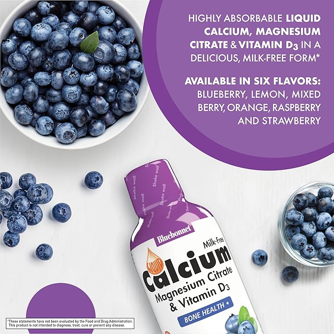 BlueBonnet Nutrition Liquid Calcium Citrate Magnesium Citrate Vitamin D3 Bone Health Gluten Free Soy Free Milk Free Kosher Blueberry and Mixed Berry Combo
