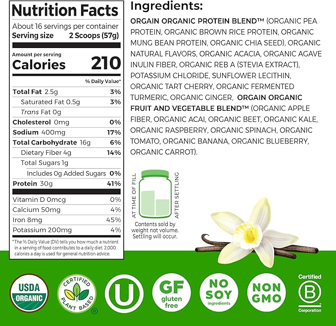 Orgain Organic 30g Vegan Plant Protein Powder Vanilla 9g EAAs + BCAAs High Plant Protein 4g Prebiotic + Fiber 1g Sugar Pre-Workout Muscle Support + Recovery - 2.01lb (Packaging May Vary)