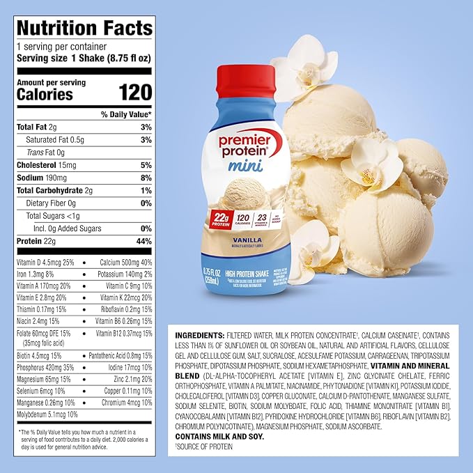 Premier Protein Shake MINIs Vanilla 22g Protein 120 Calories No Added Sugar 8.75 fl oz 12 Pack
