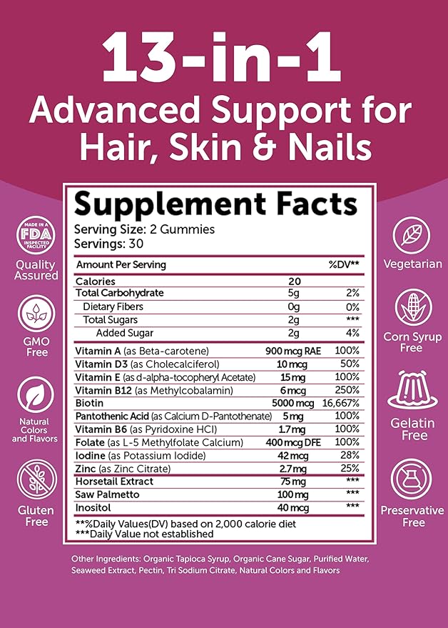 Lunakai USA Made Super Hair Gummies with Biotin Zinc Horsetail Extract &amp Saw Palmetto - Hair Growth Vitamins for Women &amp Men – Supports Thicker Longer Stronger Tresses Skin &amp Nails -