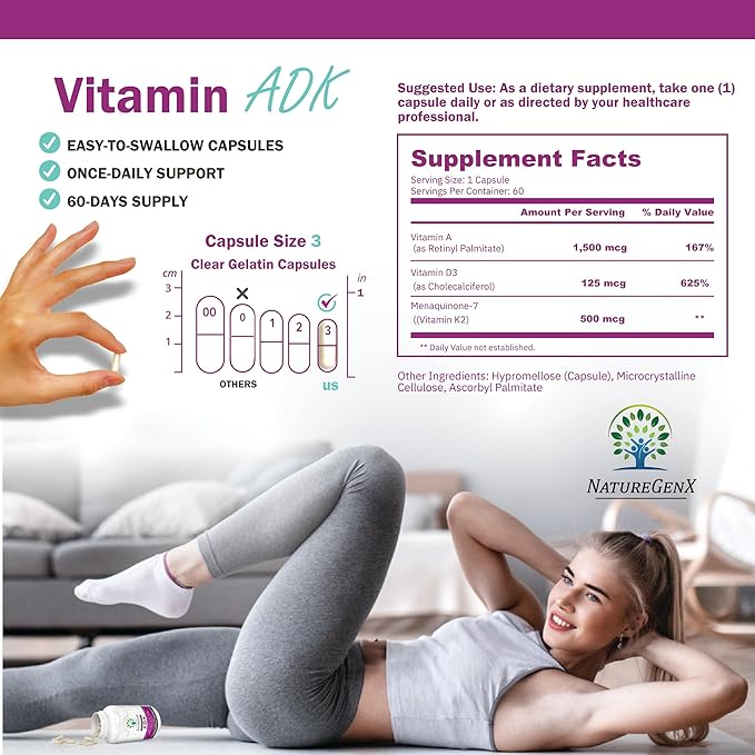 ADK Vitamin Supplement 5000 IU - High Potency Vitamins A D3 and K2 for Bone Health and Calcium Absorption | Gluten-Free Vitamin ADK Supplement 60 Day Supply 60 Capsules