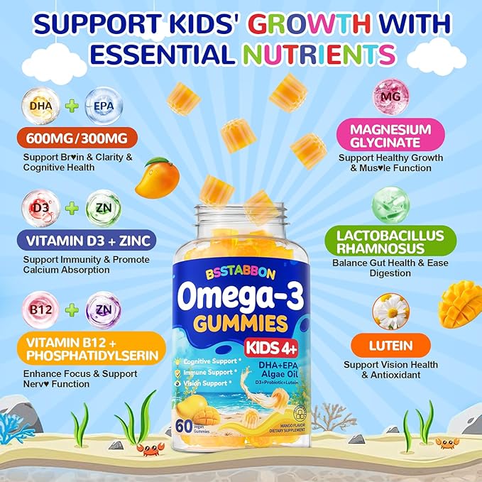 Vegan Omega 3 Gummies for Kids 4+: Natural Omega-3 Fatty Acid Supplement DHA EPA with Vitamin D3 B12 Probiotic Lutein Zinc for Overall Health - No Fish Taste Multivitamin for Kids(60Count)