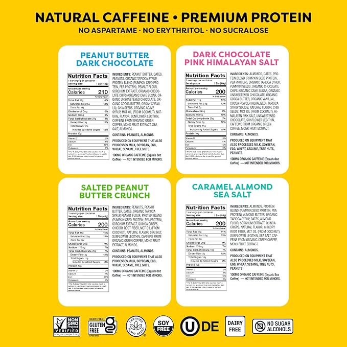 Quantum Energy Square: Energy Bar with Caffeine &amp 10g Protein. Delicious Healthy Snack On The Go. (Vegan Gluten-free Soy-free Dairy-free) (Variety Mega Pack)