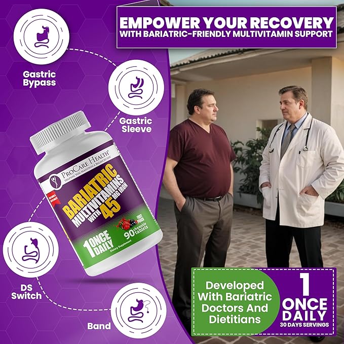Procare Health Bariatric Multivitamin with Iron 45mg Chewable (90 Tablets) - Fruit Punch Flavor Bariatric Multivitamin Chewable Pills for Gastric Bypass &amp Sleeve Gastrectomy Patients (03 Month Sup